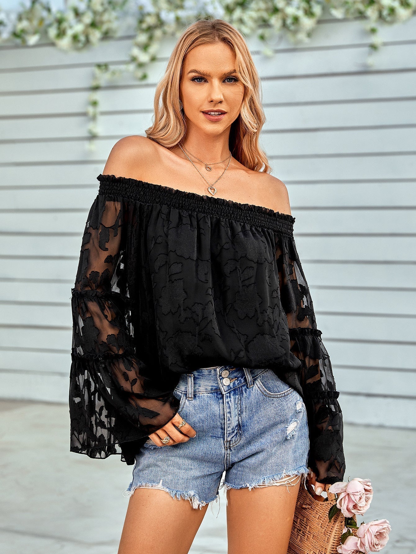 Off-Shoulder Blouse with Applique Detail and Flounce Sleeves Black