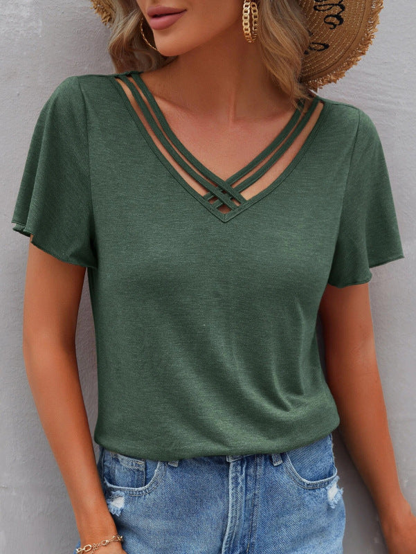 Women's Solid Color Ruffle Sleeve Short Sleeve Top T-Shirt Green black jasper