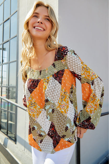 Patchwork Balloon-Sleeved Blouse with Ruffles