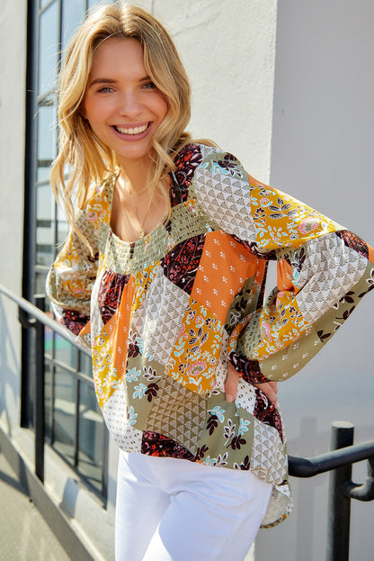 Patchwork Balloon-Sleeved Blouse with Ruffles