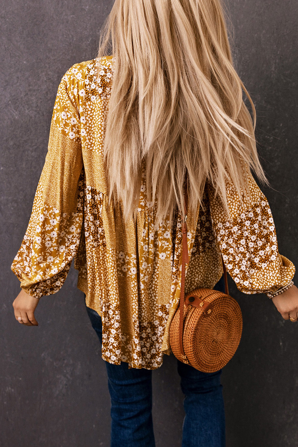 Patchwork Balloon-Sleeved Tassel Blouse