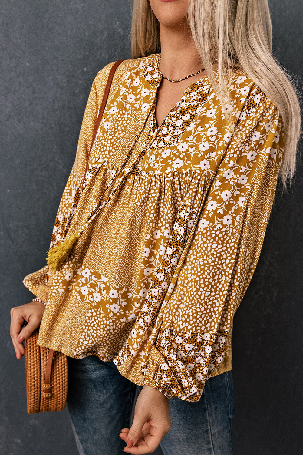 Patchwork Balloon-Sleeved Tassel Blouse