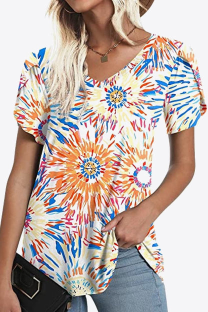 Petal Sleeve V-Neck Printed Blouse