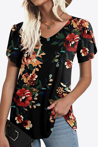 Petal Sleeve V-Neck Printed Blouse