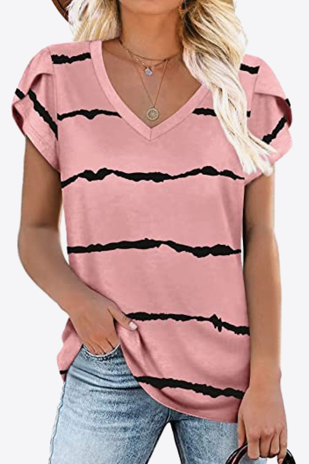Petal Sleeve V-Neck Printed Blouse Blush Pink