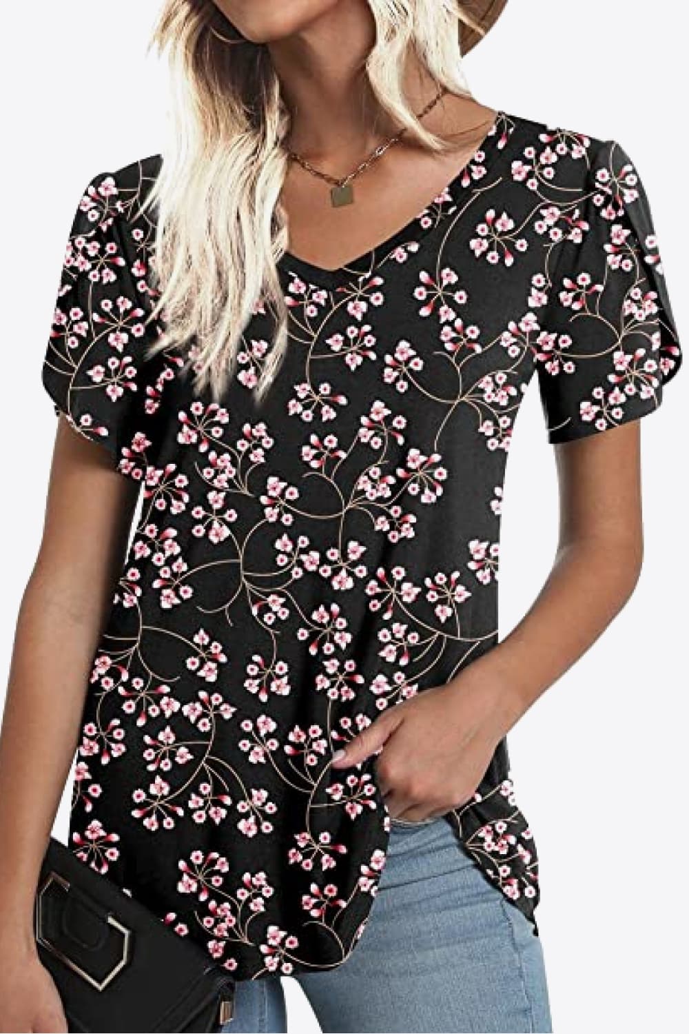 Petal Sleeve V-Neck Printed Blouse