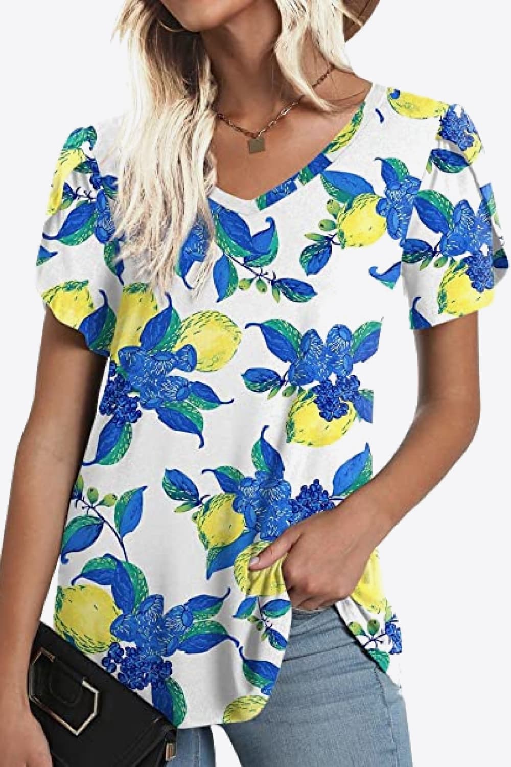 Petal Sleeve V-Neck Printed Blouse