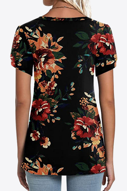 Petal Sleeve V-Neck Printed Blouse