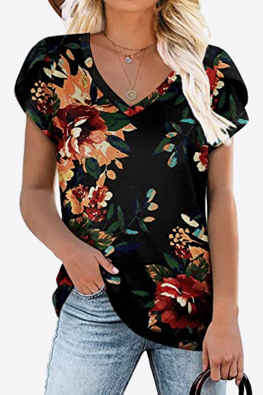 Petal Sleeve V-Neck Printed Blouse Wine Floral