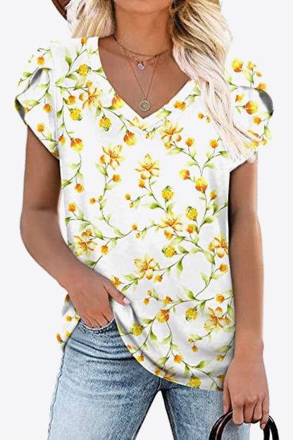 Petal Sleeve V-Neck Printed Blouse Ivory