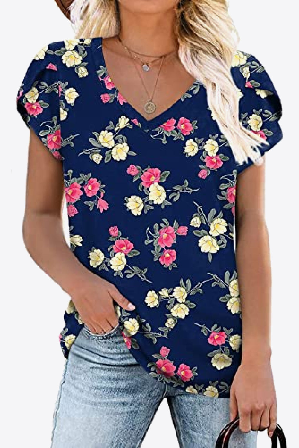 Petal Sleeve V-Neck Printed Blouse Dark Navy