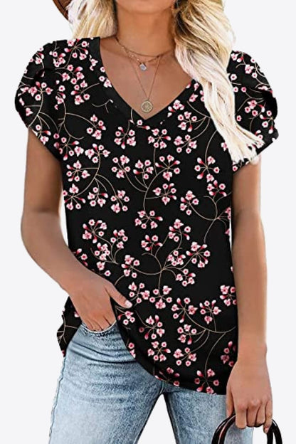 Petal Sleeve V-Neck Printed Blouse Black