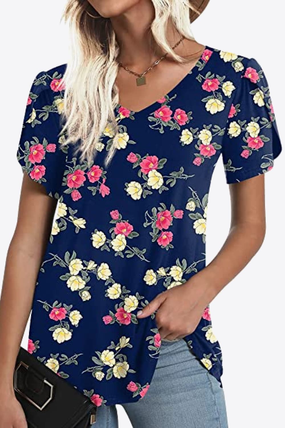 Petal Sleeve V-Neck Printed Blouse