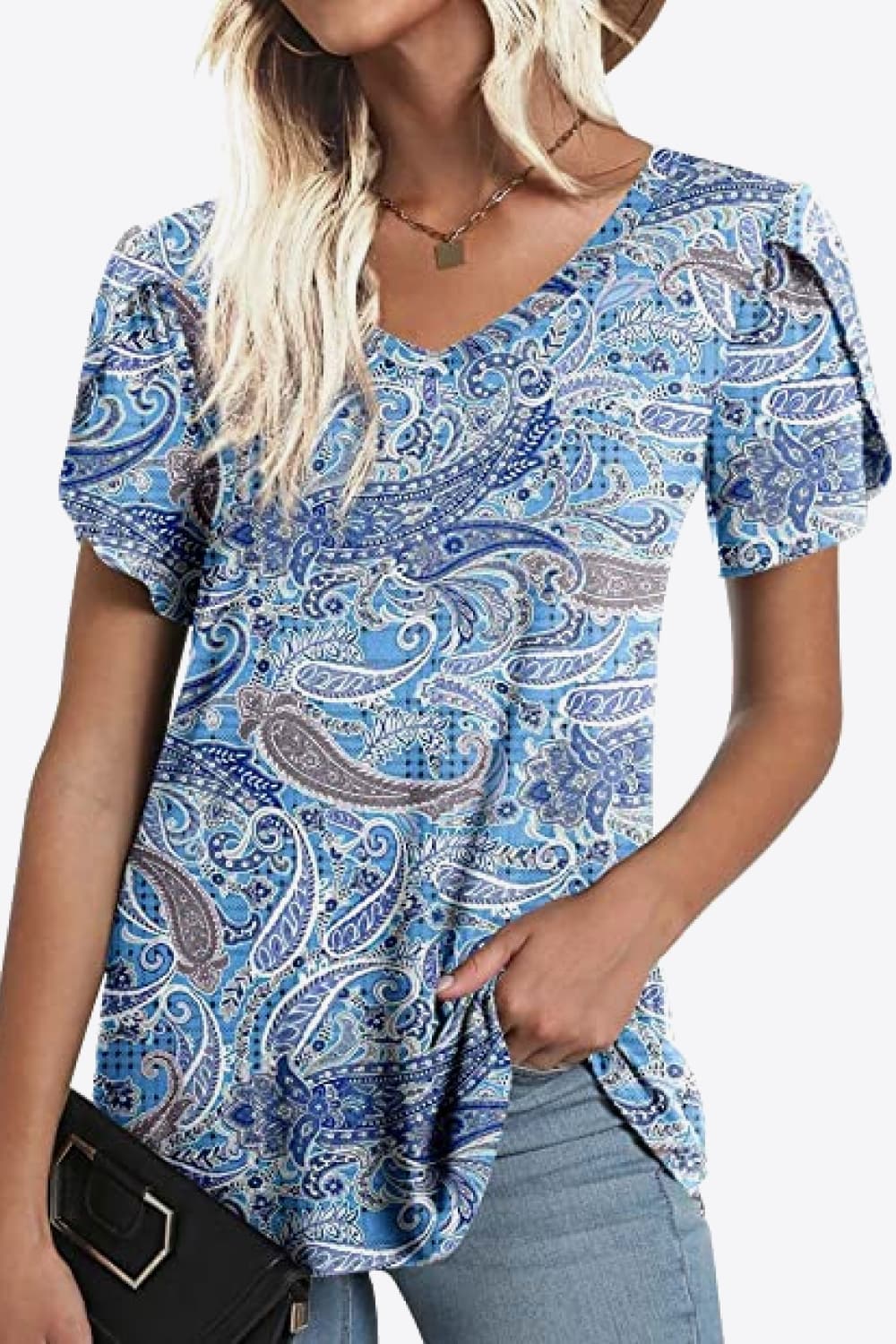 Petal Sleeve V-Neck Printed Blouse