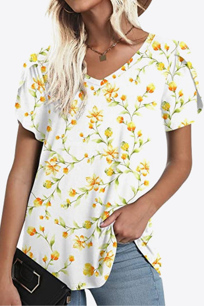 Petal Sleeve V-Neck Printed Blouse