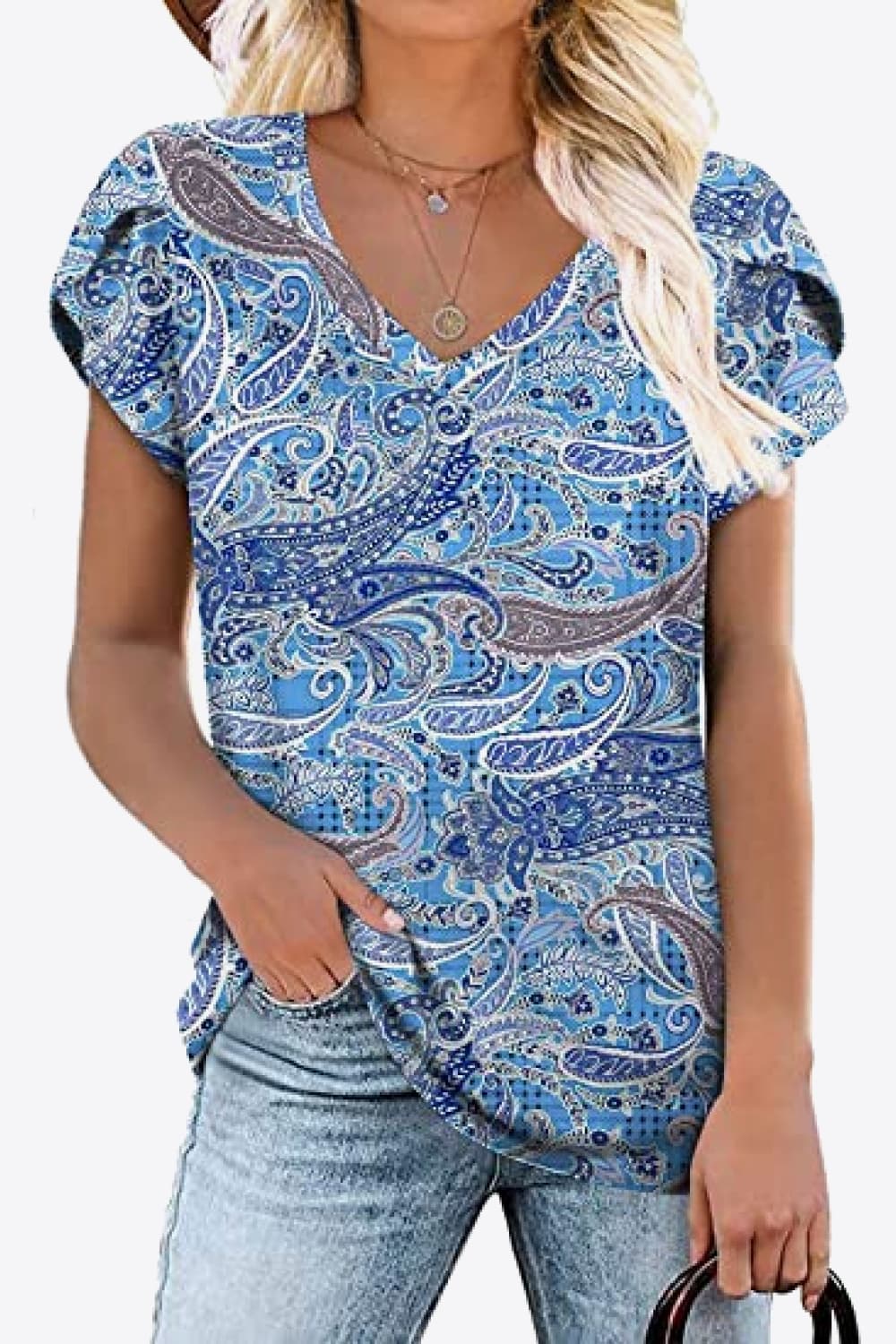 Petal Sleeve V-Neck Printed Blouse Cobalt Blue