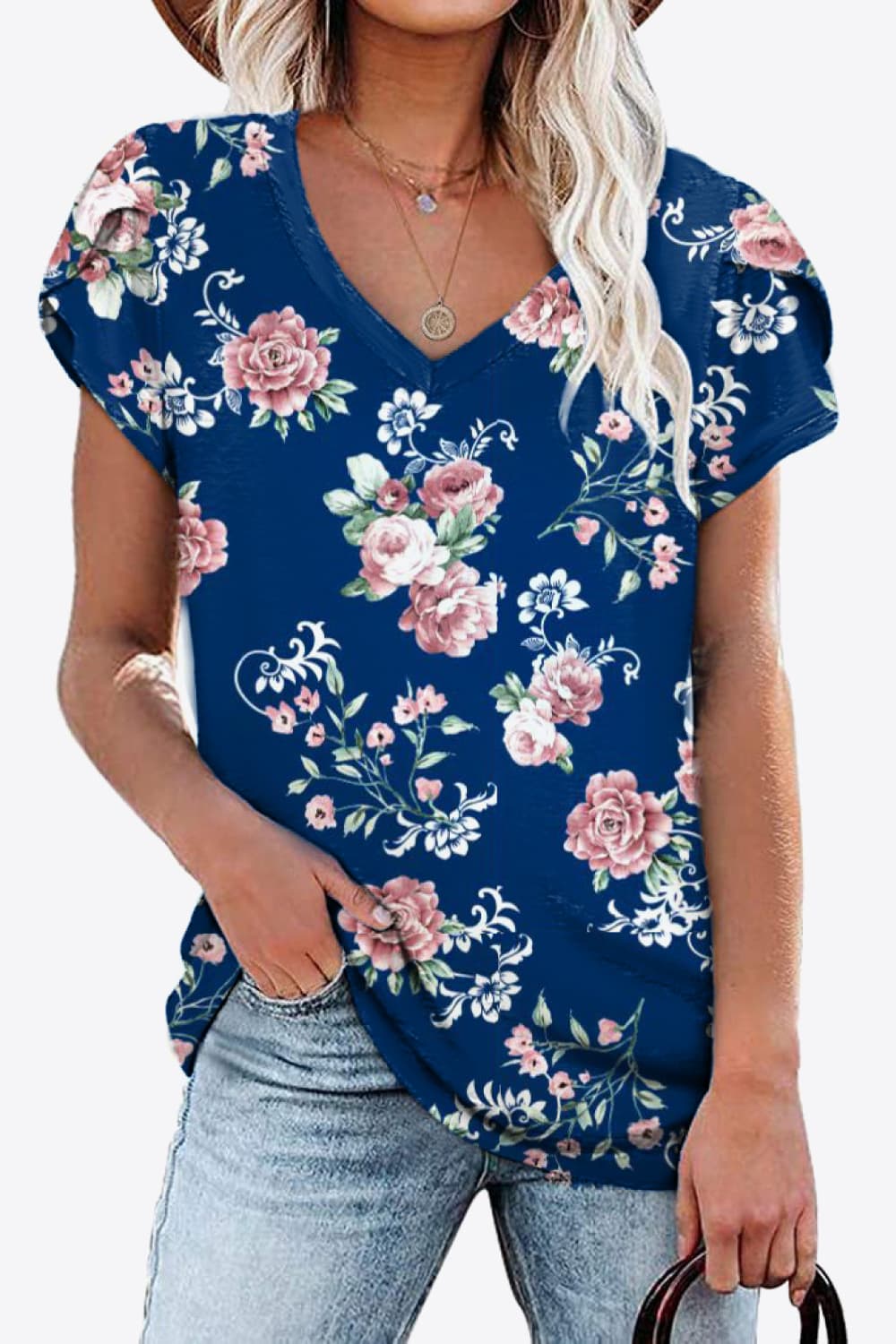 Petal Sleeve V-Neck Printed Blouse Navy