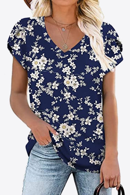 Petal Sleeve V-Neck Printed Blouse Floral