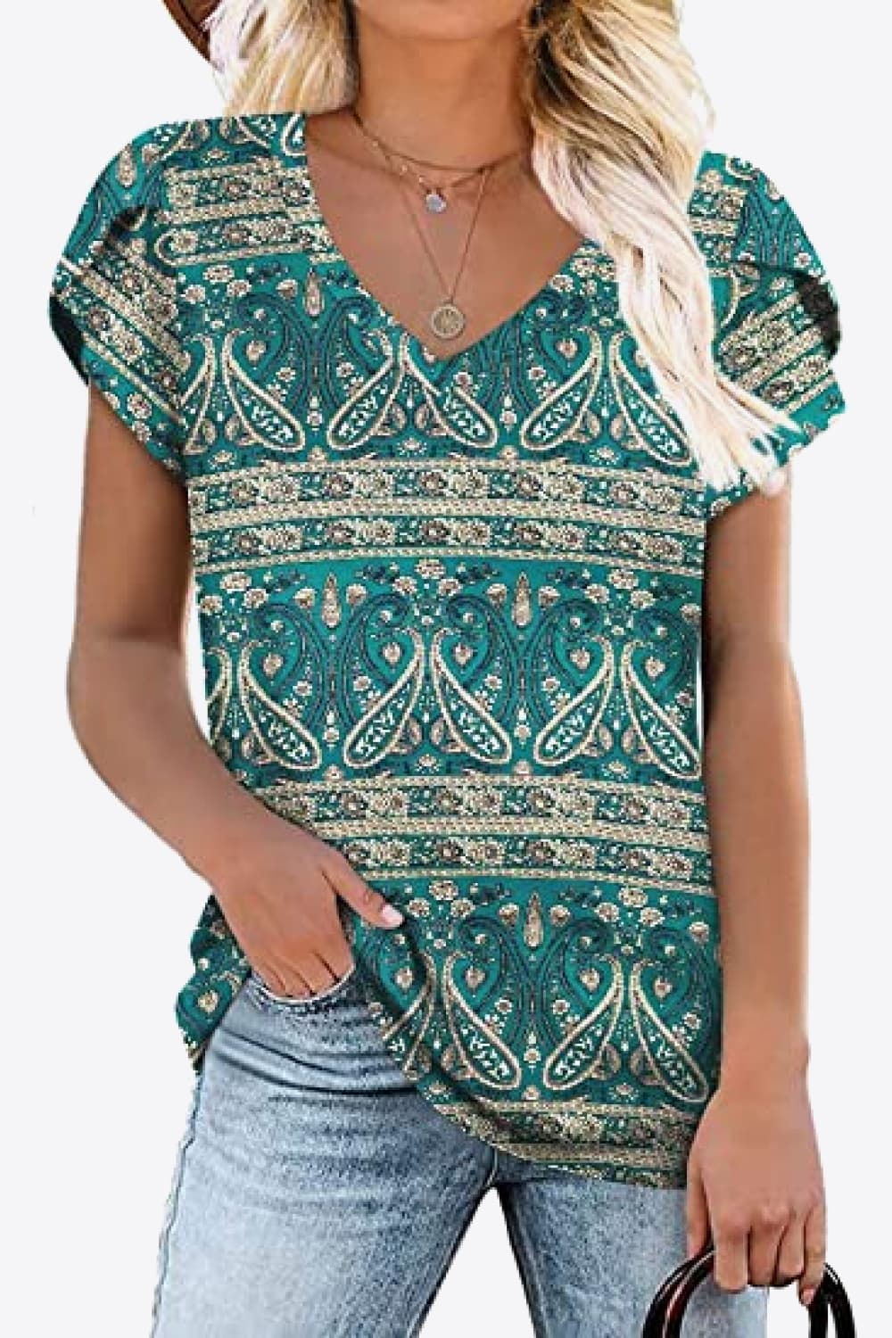 Petal Sleeve V-Neck Printed Blouse Mid Green