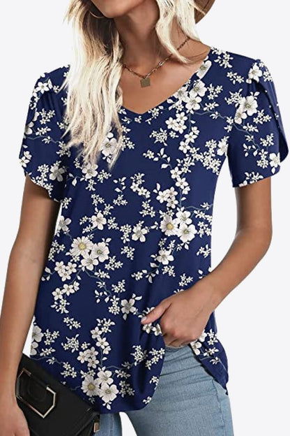 Petal Sleeve V-Neck Printed Blouse