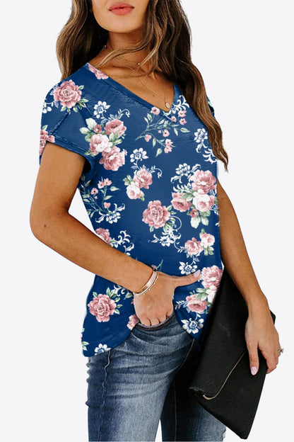 Petal Sleeve V-Neck Printed Blouse