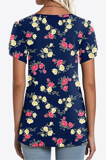 Petal Sleeve V-Neck Printed Blouse