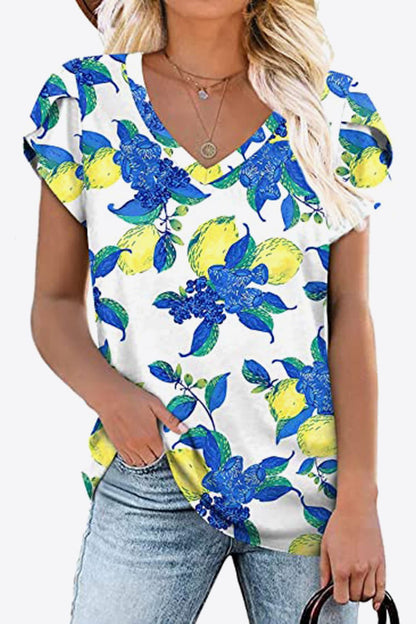 Petal Sleeve V-Neck Printed Blouse Azure