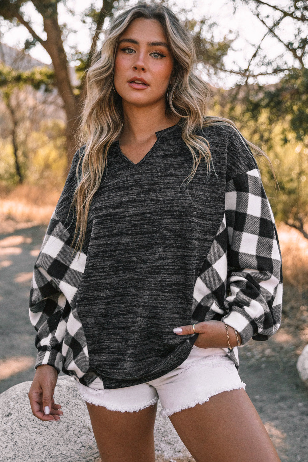 Plaid Notched Neck Top Black