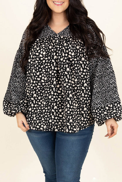 Plus Size Animal Print Balloon Sleeve Blouse Black