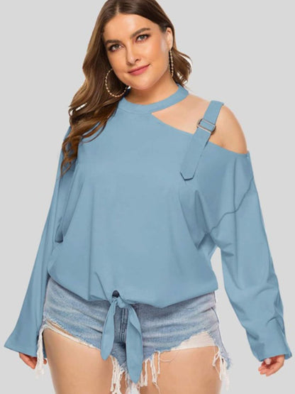 Plus Size Cold-Shoulder Tie-Front Blouse Pastel Blue