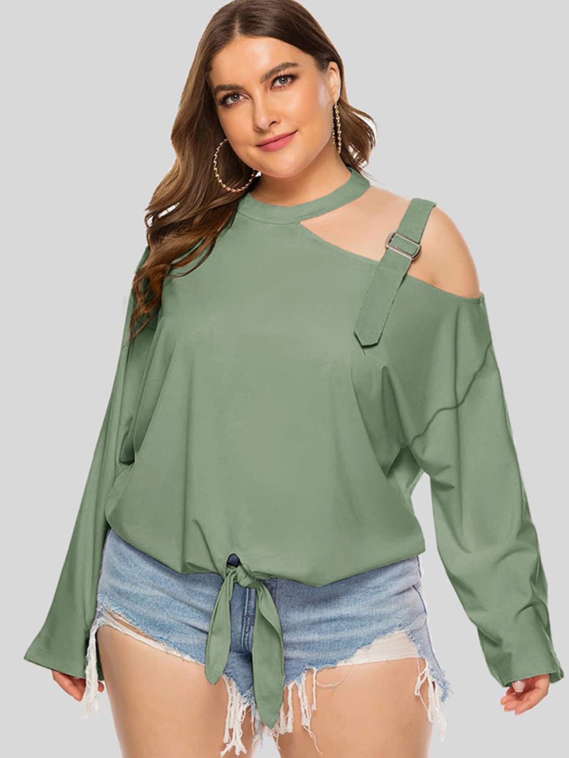 Plus Size Cold-Shoulder Tie-Front Blouse Gum Leaf