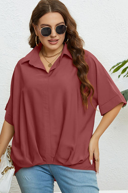 Plus Size Collared Hem-Detailed Half Sleeve Top