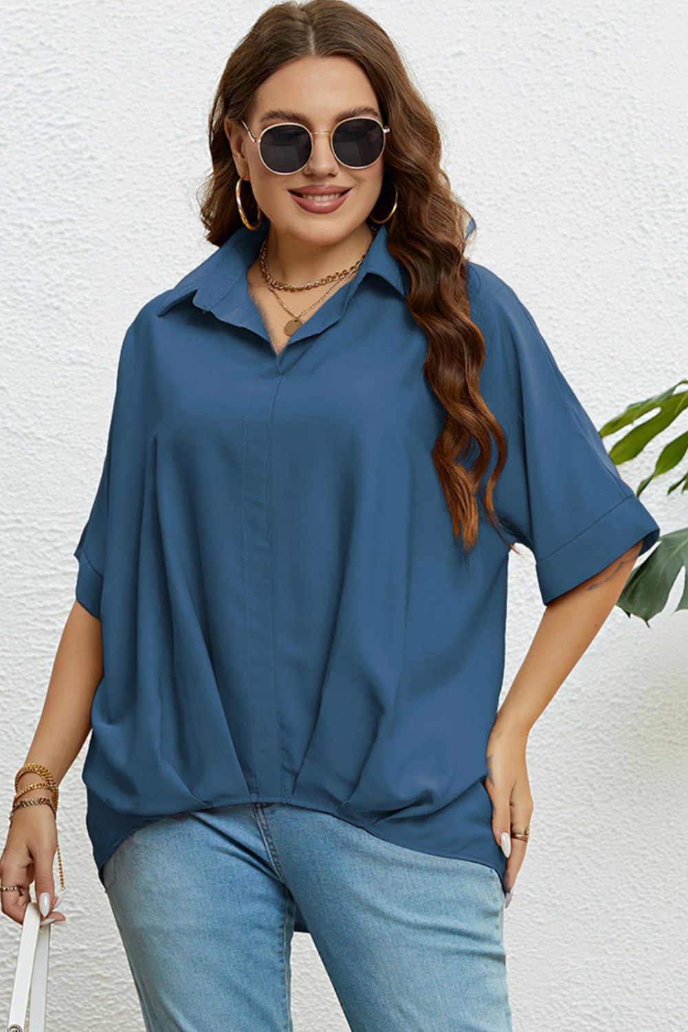 Plus Size Collared Hem-Detailed Half Sleeve Top