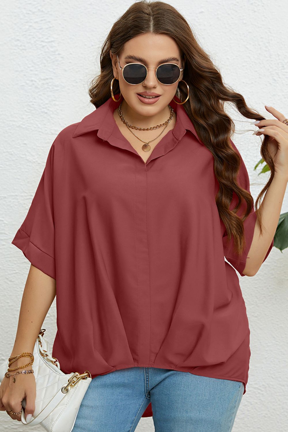 Plus Size Collared Hem-Detailed Half Sleeve Top Light Mauve