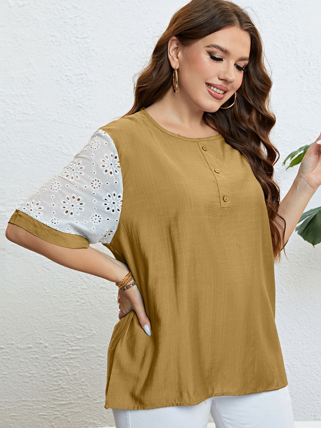 Plus Size Contrast Button-Embellished Half Sleeve Top