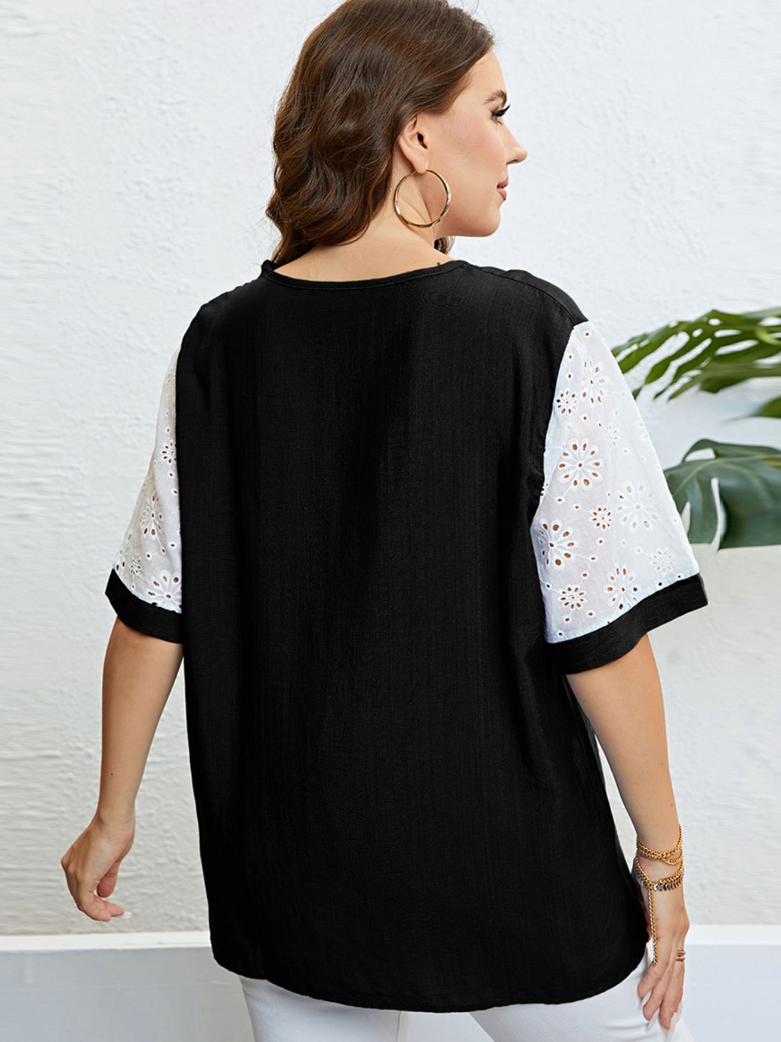 Plus Size Contrast Button-Embellished Half Sleeve Top