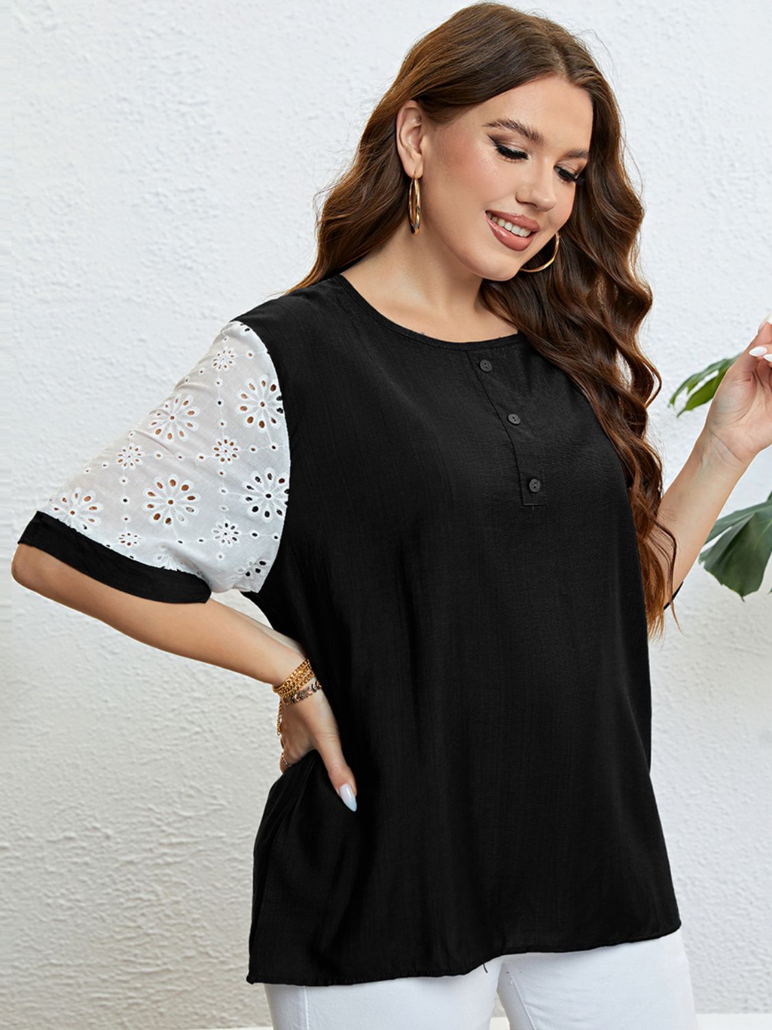 Plus Size Contrast Button-Embellished Half Sleeve Top