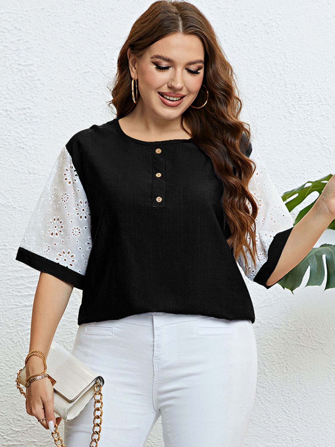 Plus Size Contrast Button-Embellished Half Sleeve Top Black