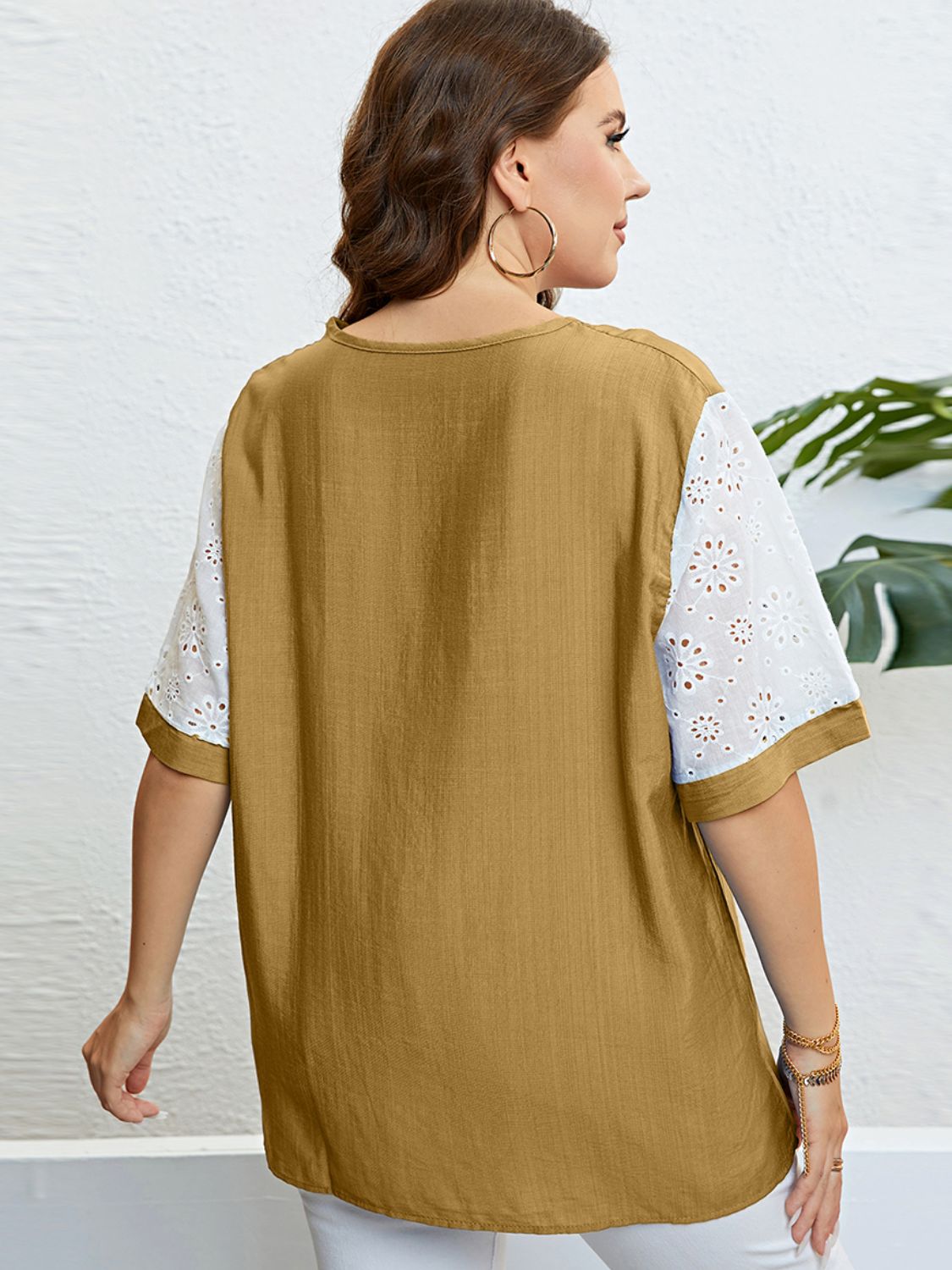 Plus Size Contrast Button-Embellished Half Sleeve Top