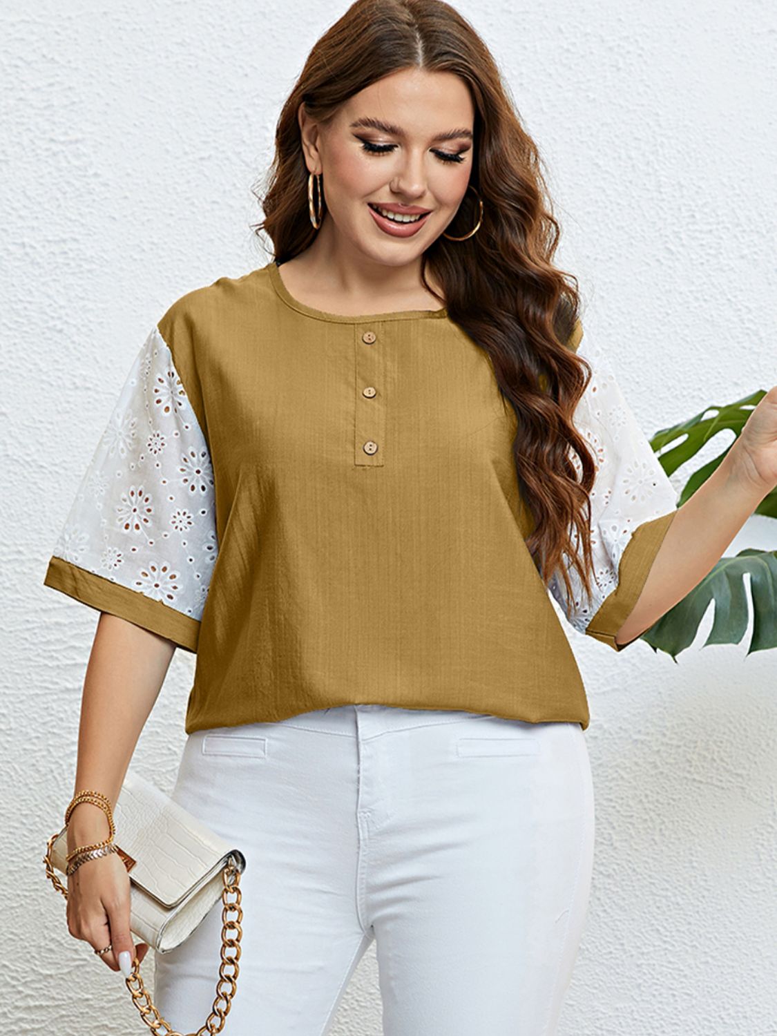 Plus Size Contrast Button-Embellished Half Sleeve Top Camel