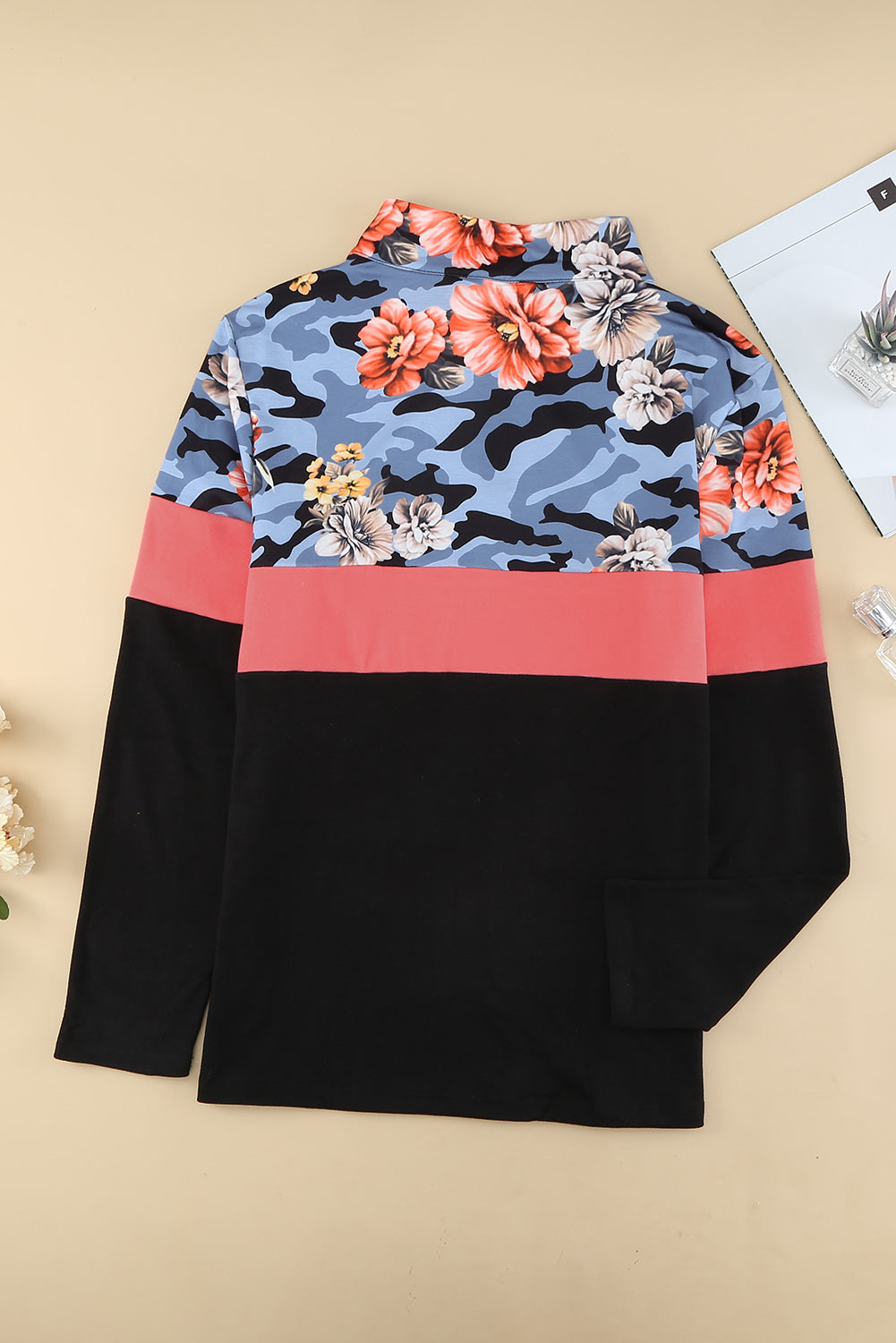 Plus Size Floral Color-Blocked Quarter-Zip Top