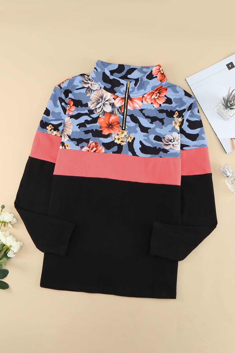 Plus Size Floral Color-Blocked Quarter-Zip Top