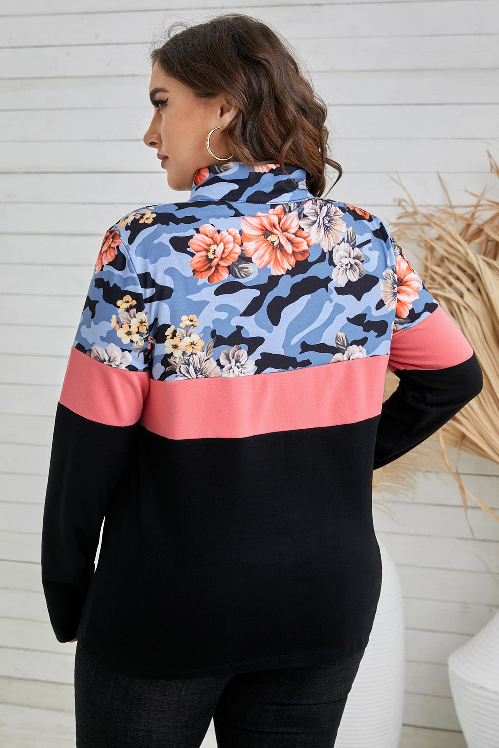 Plus Size Floral Color-Blocked Quarter-Zip Top