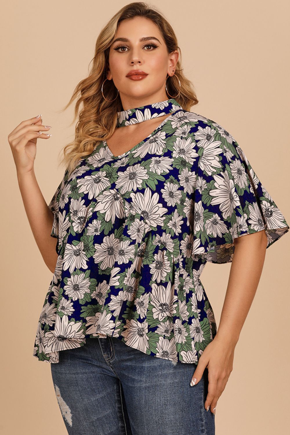 Plus Size Floral Cutout Flutter-Sleeved Blouse