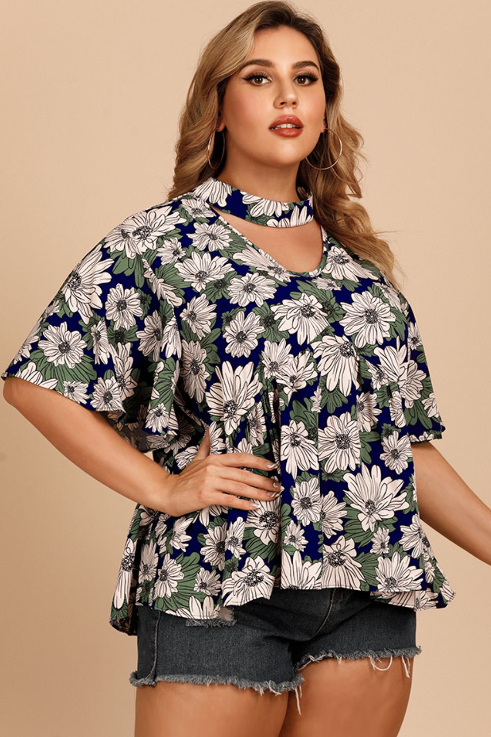 Plus Size Floral Cutout Flutter-Sleeved Blouse