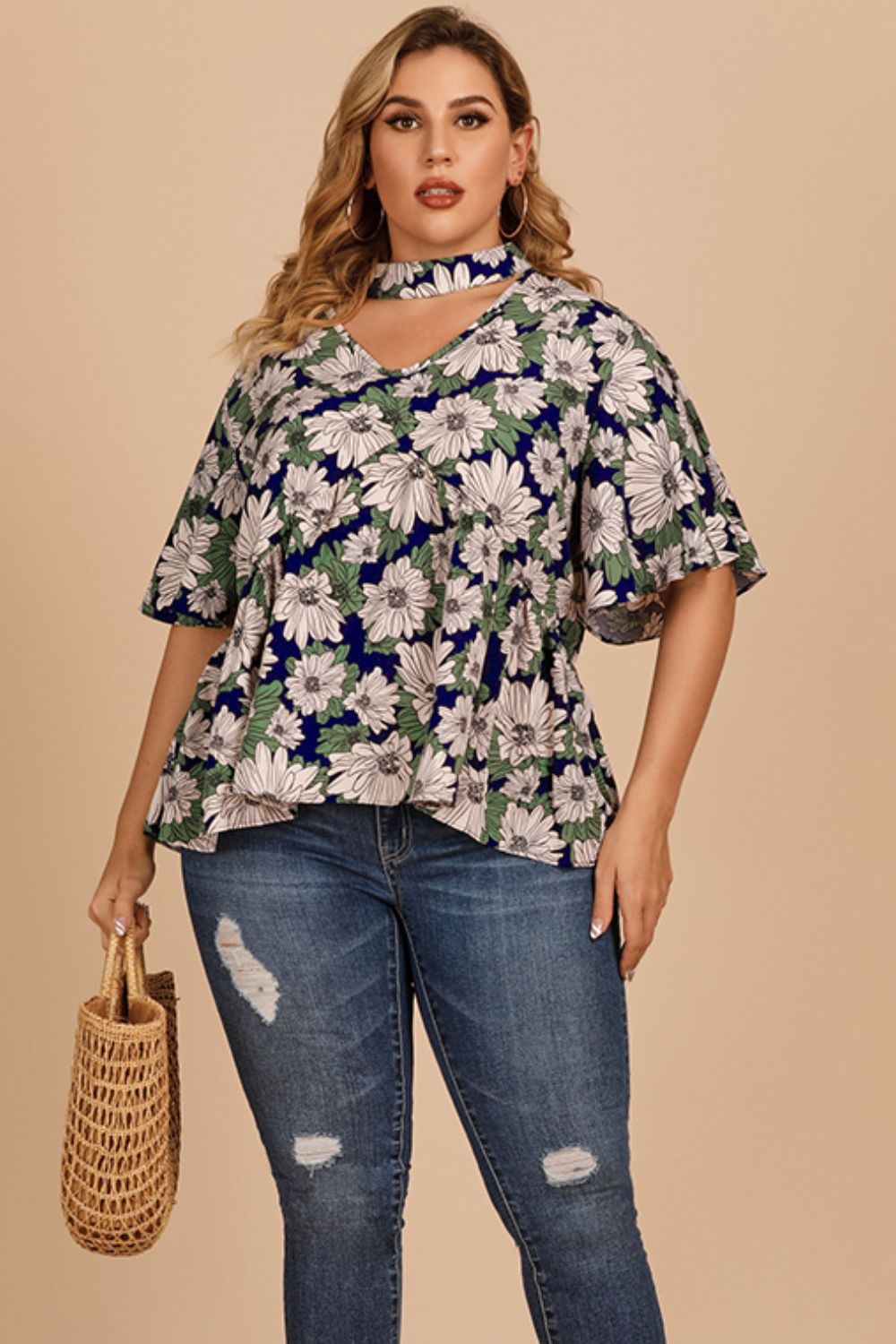 Plus Size Floral Cutout Flutter-Sleeved Blouse Navy