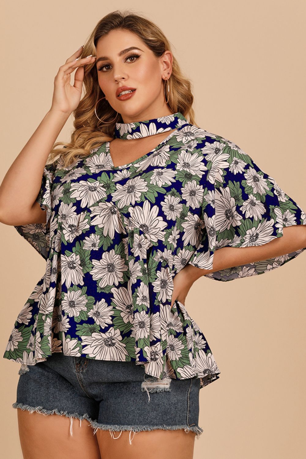 Plus Size Floral Cutout Flutter-Sleeved Blouse