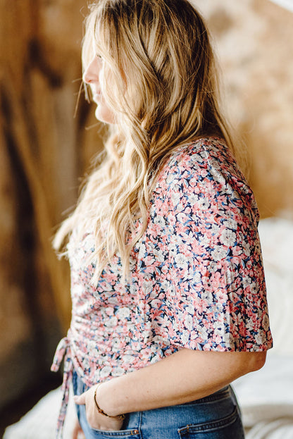 Plus Size Floral Drawstring Blouse with Flutter Sleeves