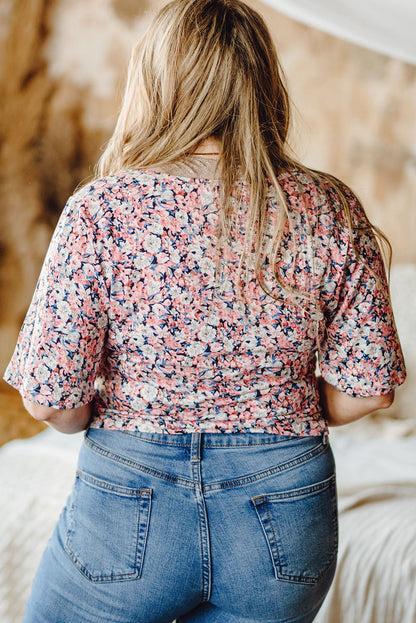 Plus Size Floral Drawstring Blouse with Flutter Sleeves