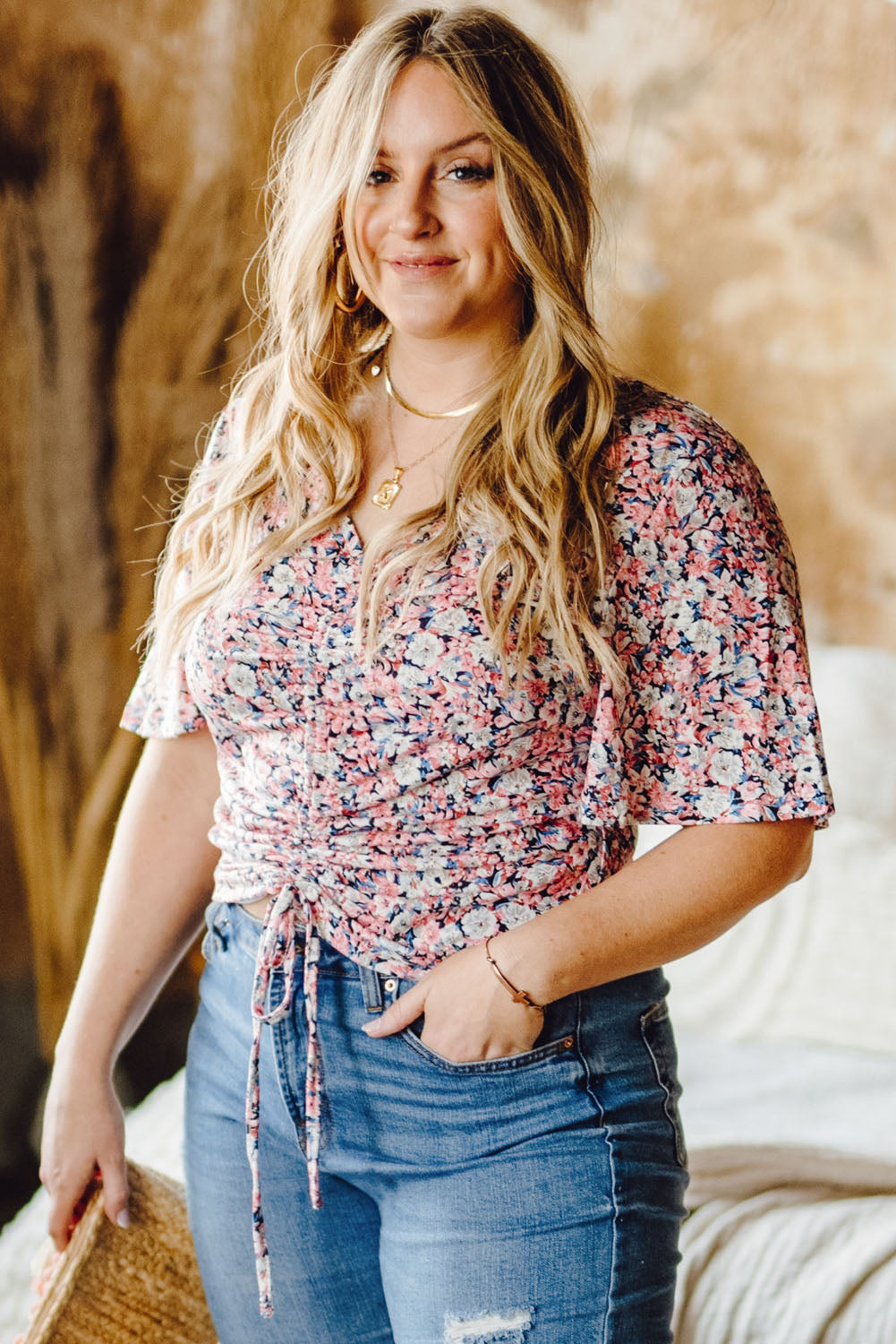 Plus Size Floral Drawstring Blouse with Flutter Sleeves